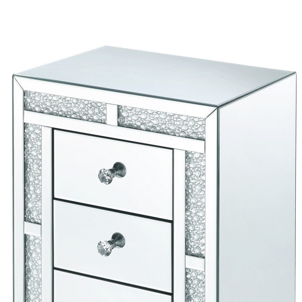 Benjara Mirrored Wooden Night Table with Flat Base And 3 Drawers, Silver