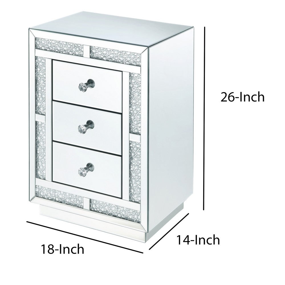 Benjara Mirrored Wooden Night Table with Flat Base And 3 Drawers, Silver