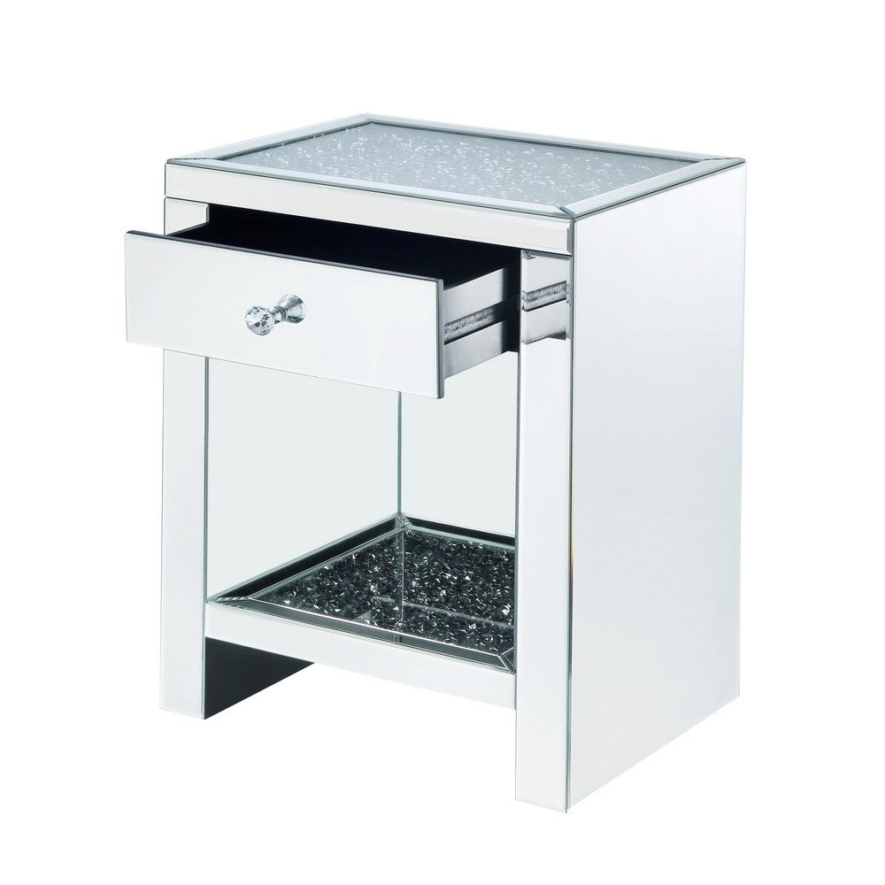 Benjara Mirrored Wooden Night Table with 1 Drawer And Bottom Shelf, Silver