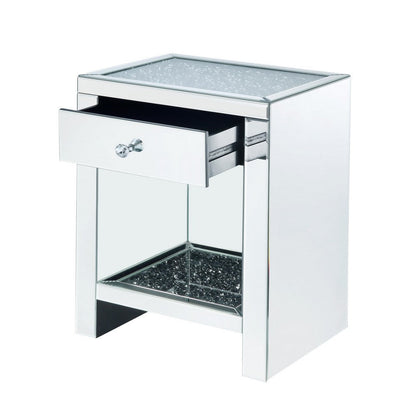 Benjara Mirrored Wooden Night Table with 1 Drawer And Bottom Shelf, Silver