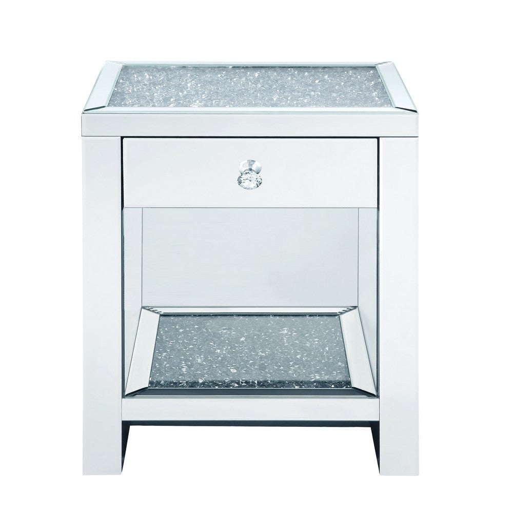 Benjara Mirrored Wooden Night Table with 1 Drawer And Bottom Shelf, Silver