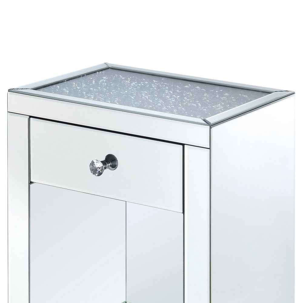 Benjara Mirrored Wooden Night Table with 1 Drawer And Bottom Shelf, Silver