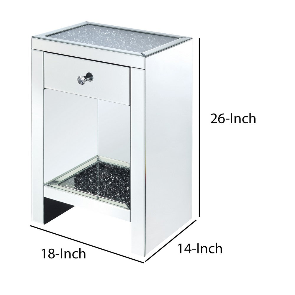 Benjara Mirrored Wooden Night Table with 1 Drawer And Bottom Shelf, Silver