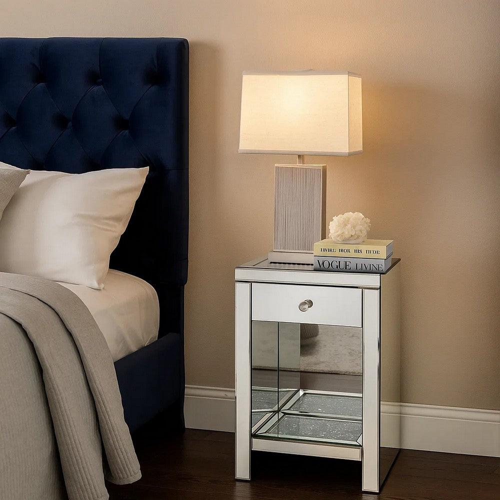 Benjara Mirrored Wooden Night Table with 1 Drawer And Bottom Shelf, Silver