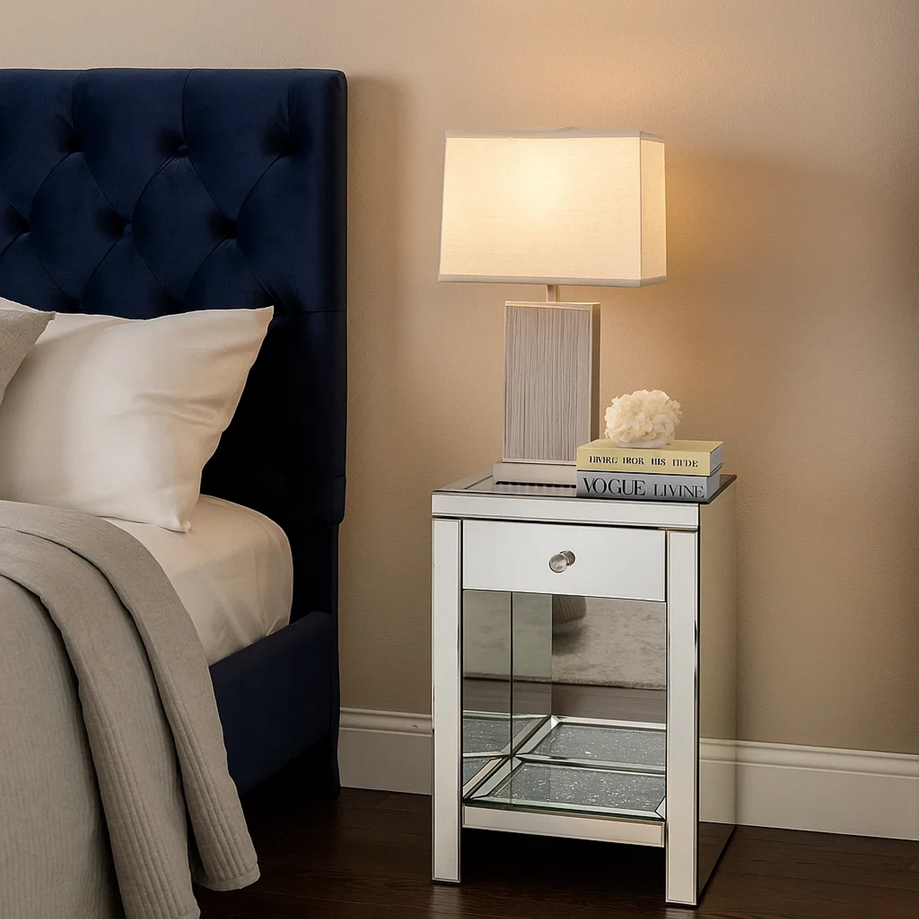 Benjara Mirrored Wooden Night Table with 1 Drawer And Bottom Shelf, Silver
