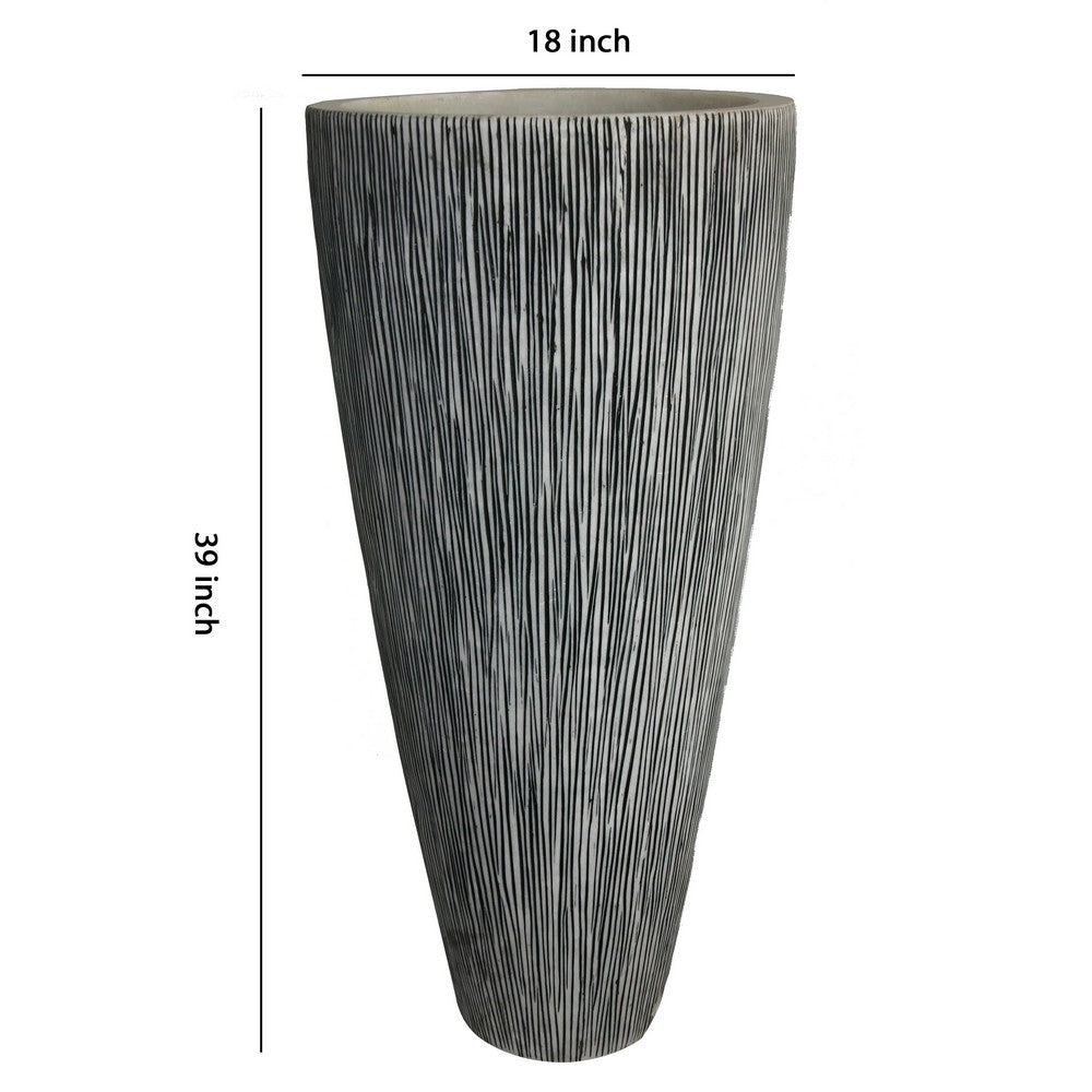 Benjara Hand Made Conical Ribbed Flower Vase Sandstone Planter, White