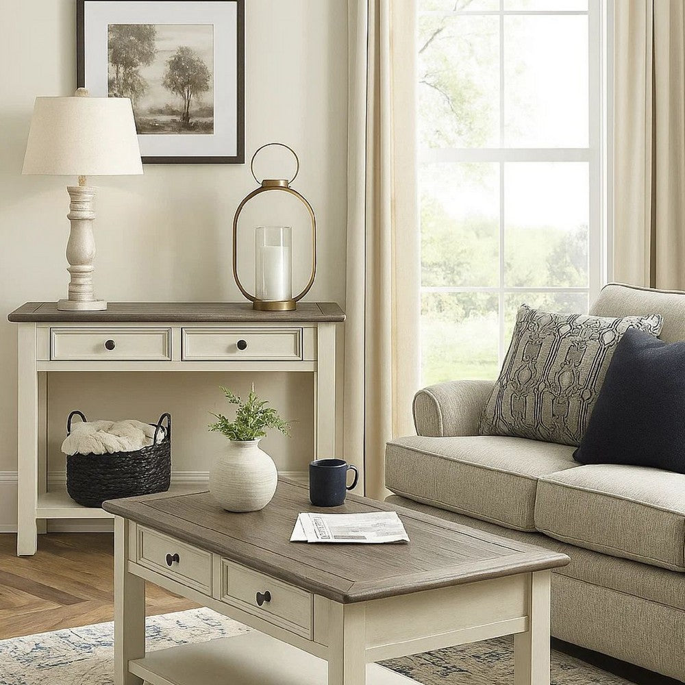 Benjara Sofa Table With Plank Style Top And 2 Gliding Drawers, Brown And White