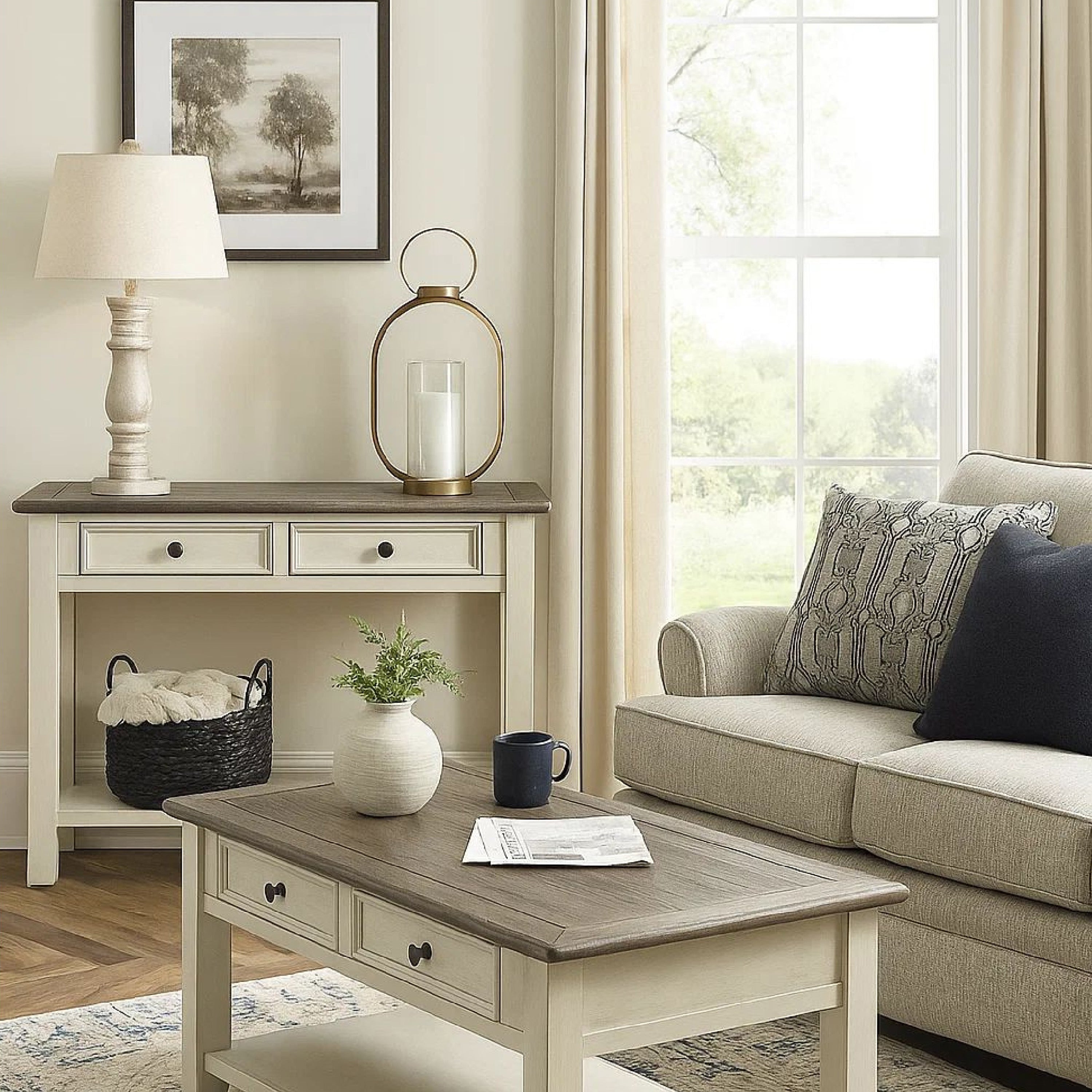 Benjara Sofa Table With Plank Style Top And 2 Gliding Drawers, Brown And White
