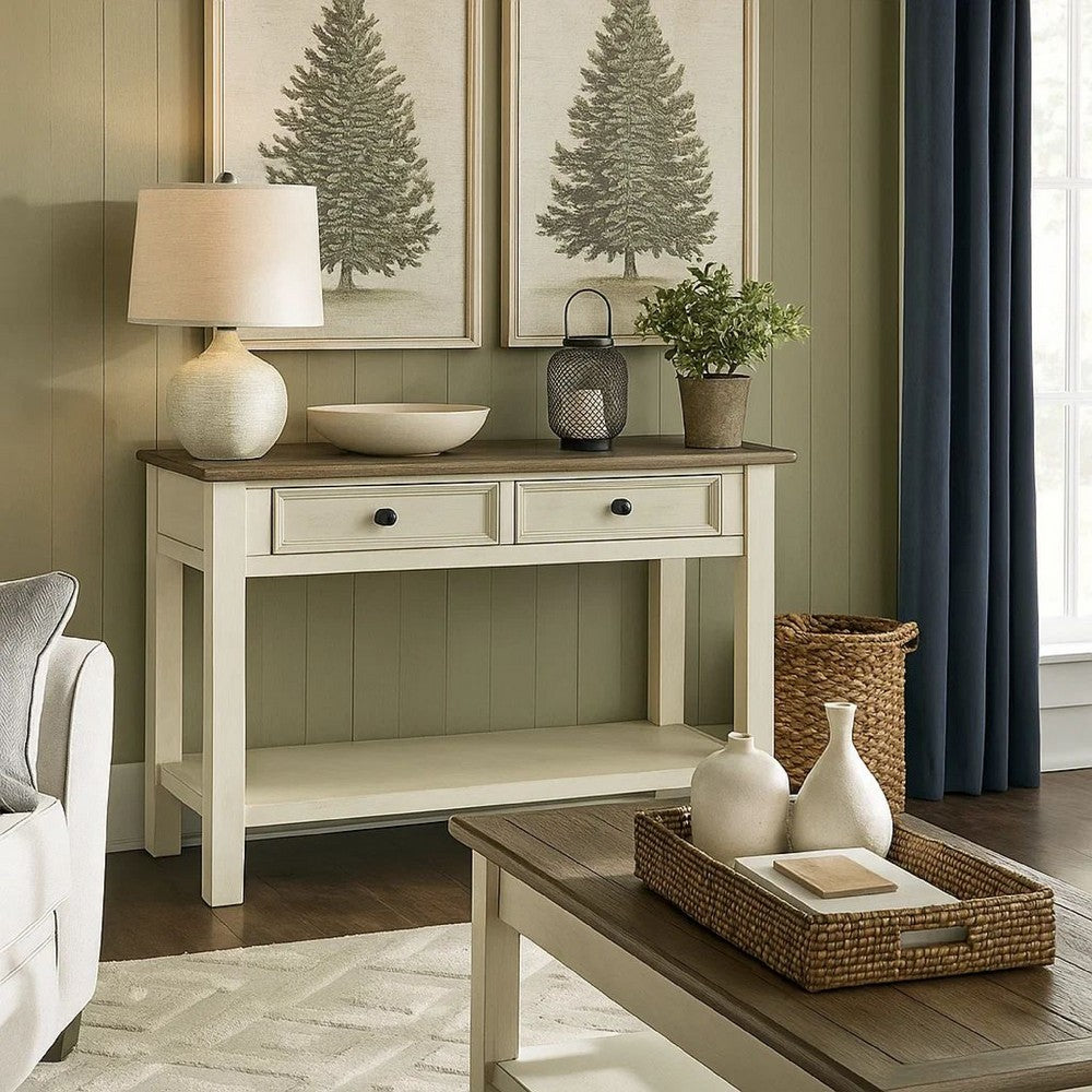 Benjara Sofa Table With Plank Style Top And 2 Gliding Drawers, Brown And White