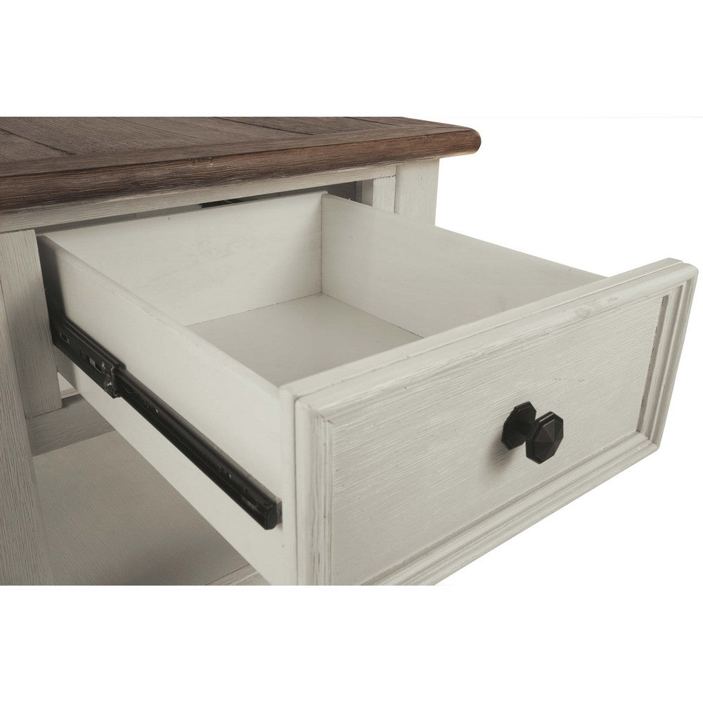 Benjara Chair Side End Table with 1 Cabinet And Pull Out Tray, White And Brown