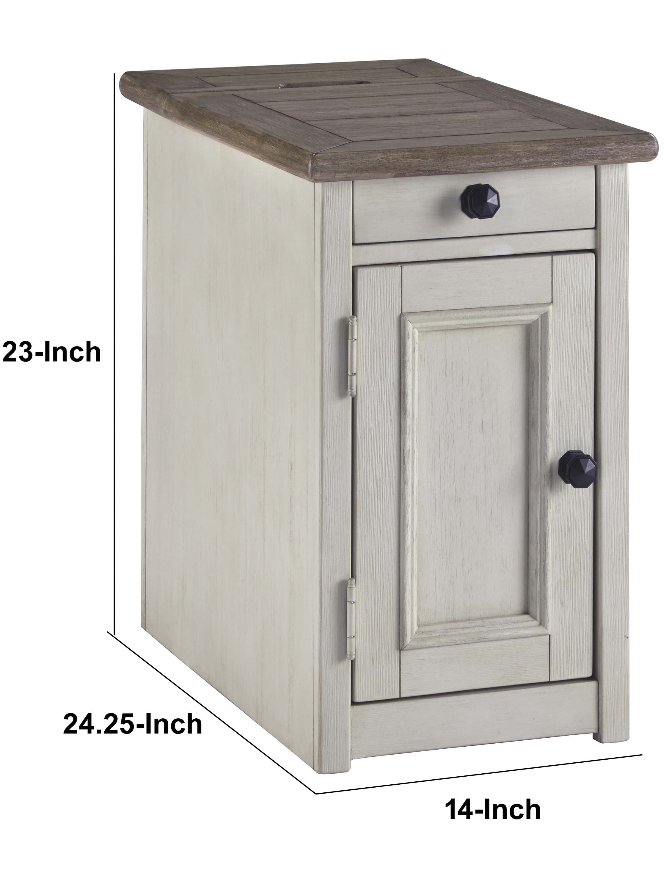Benjara Chair Side End Table with 1 Cabinet And Pull Out Tray, White And Brown