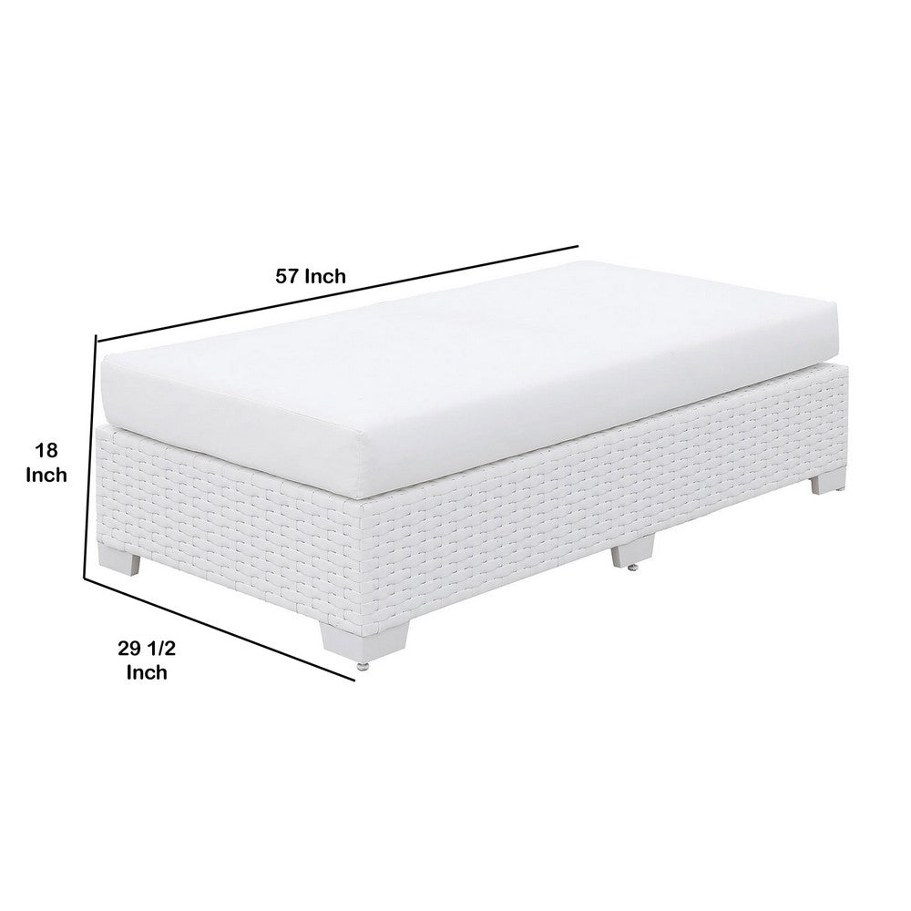 Benjara Wicker Aluminum Framed Bench with Fabric Cushion Seat, White