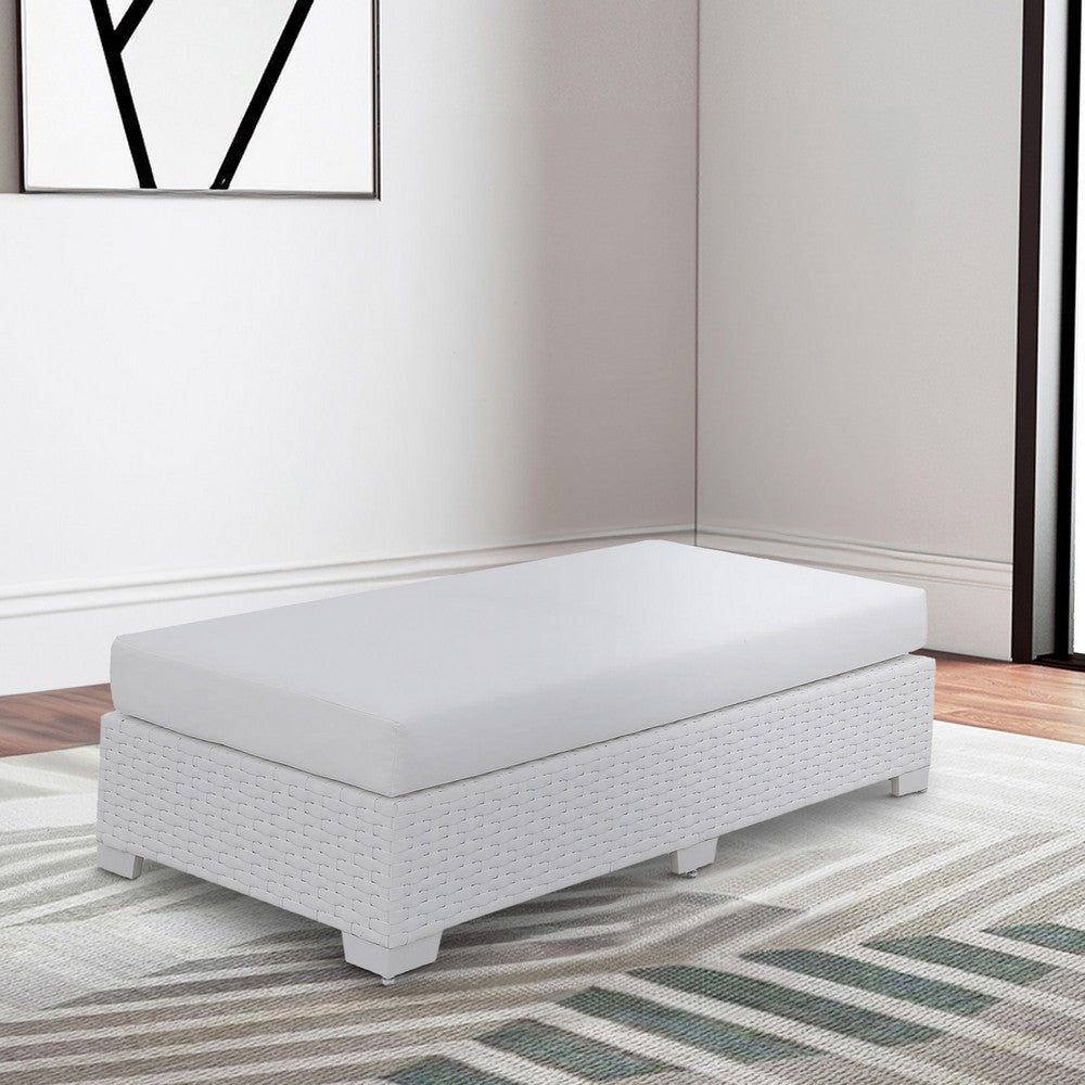 Benjara Wicker Aluminum Framed Bench with Fabric Cushion Seat, White
