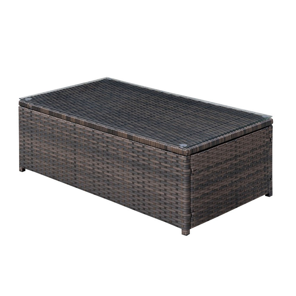 Benjara Rectangular Faux Rattan And Aluminum Coffee Table with Glass Top, Brown