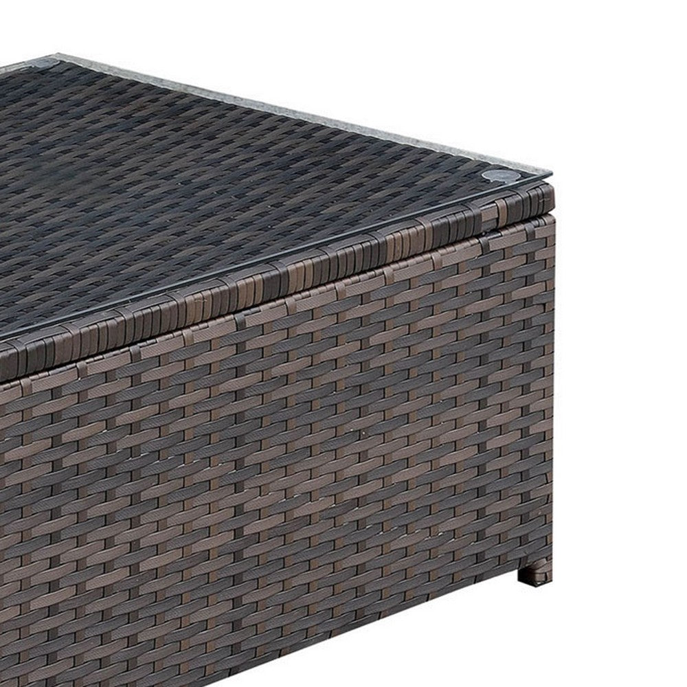 Benjara Rectangular Faux Rattan And Aluminum Coffee Table with Glass Top, Brown
