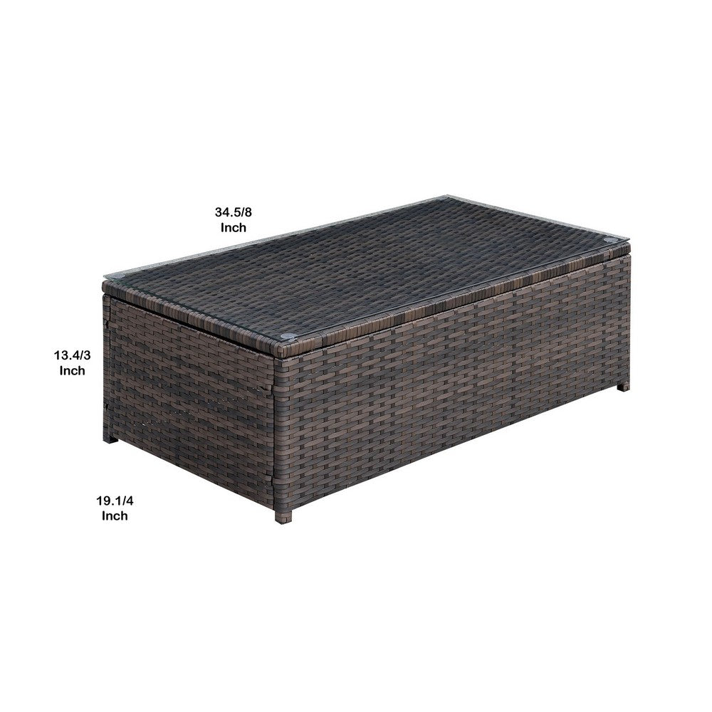 Benjara Rectangular Faux Rattan And Aluminum Coffee Table with Glass Top, Brown