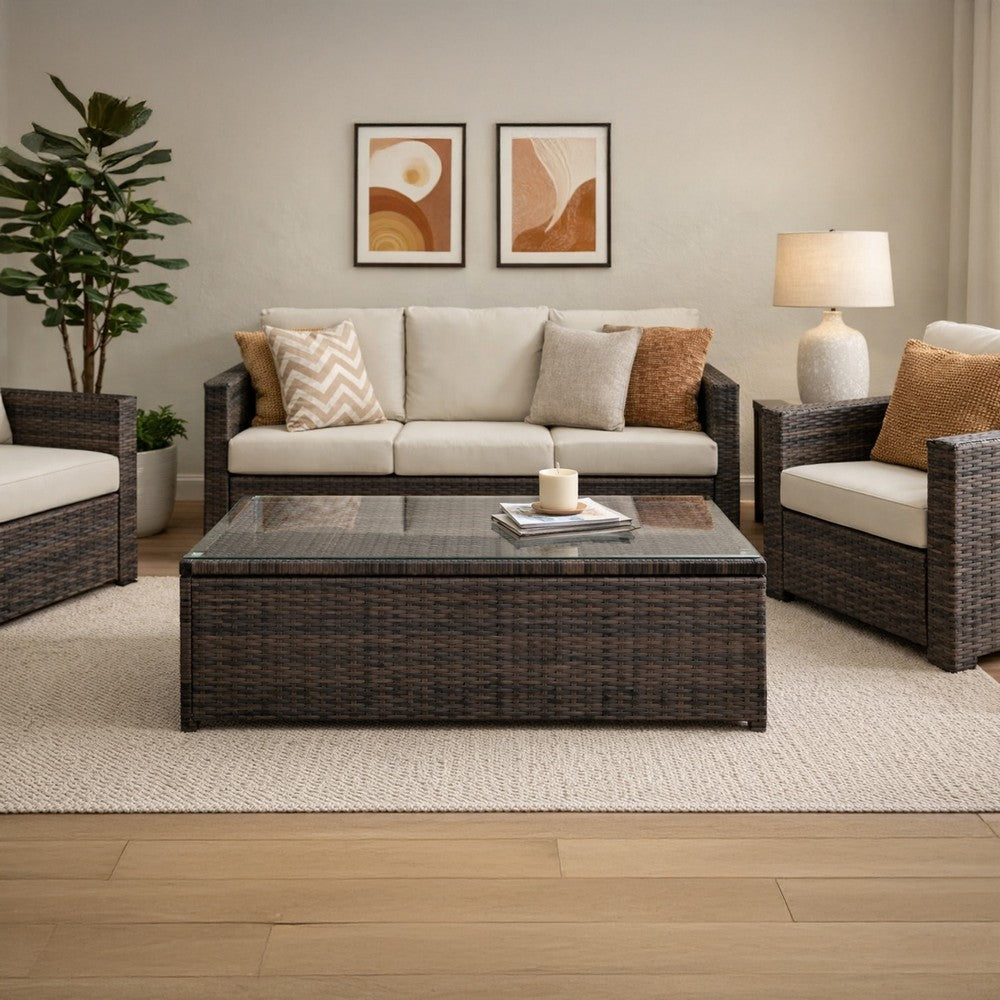Benjara Rectangular Faux Rattan And Aluminum Coffee Table with Glass Top, Brown