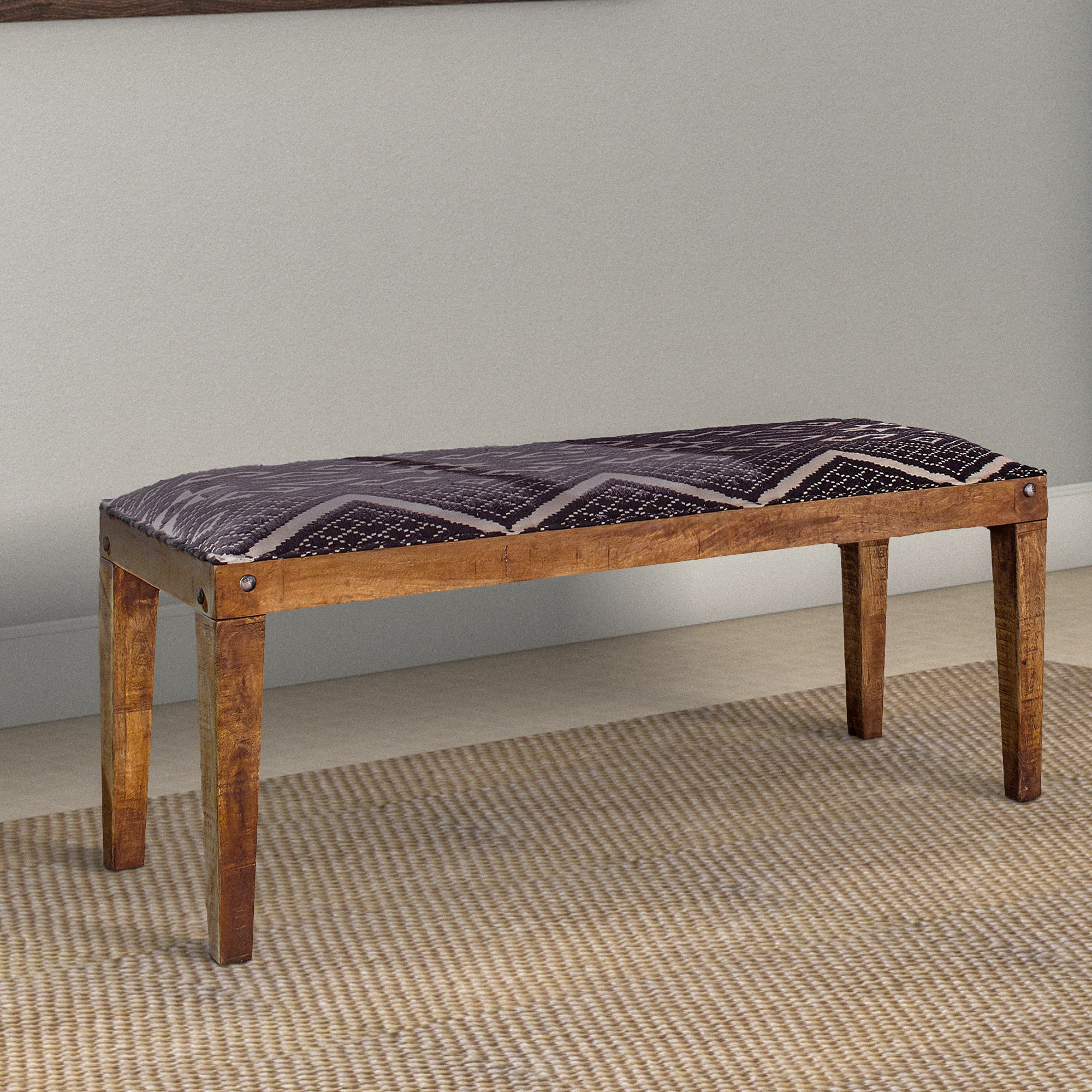 Benjara Fabric Upholstered Wooden Bench with Tapered Legs, Brown And Blue
