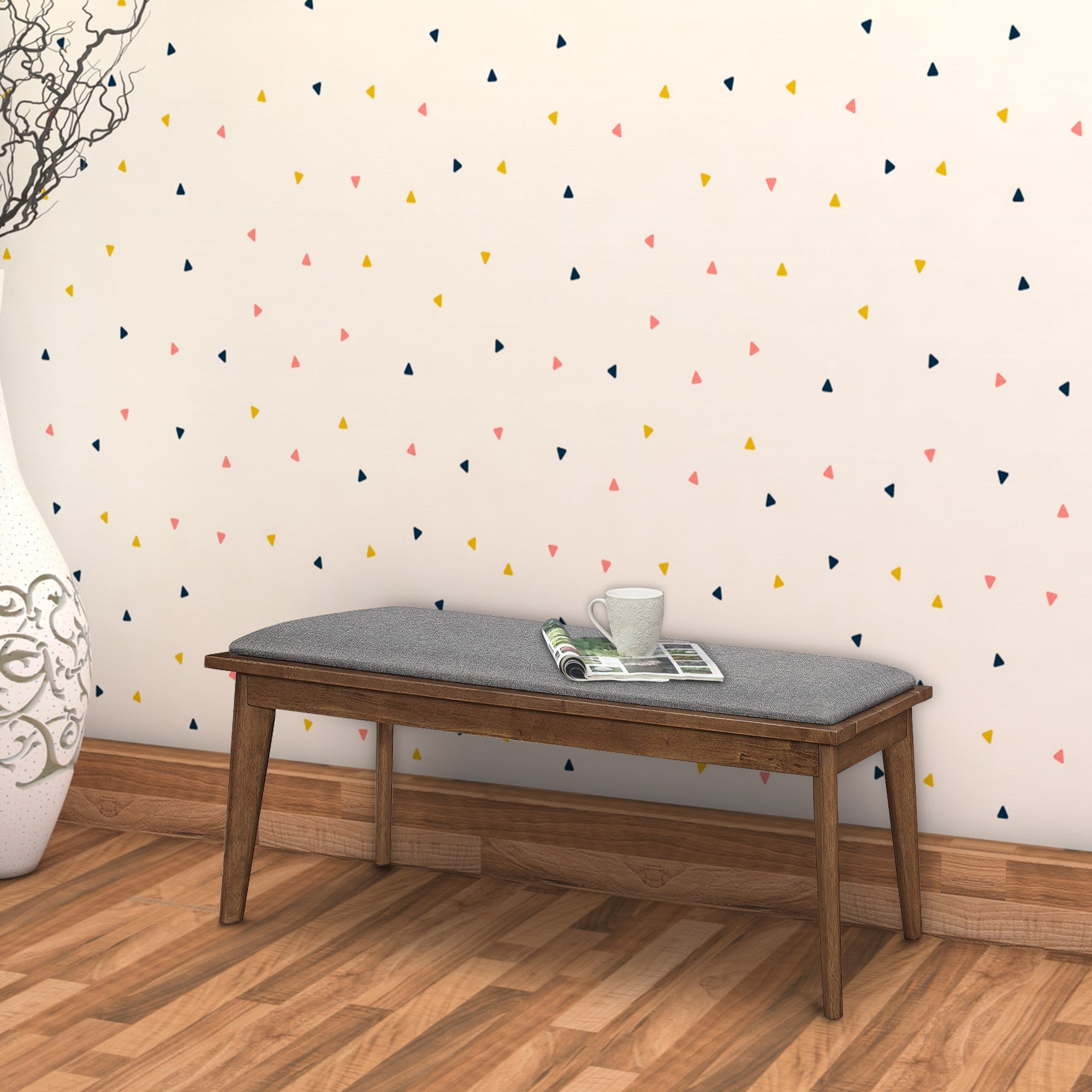 Benjara Fabric Upholstered Wooden Bench with Chamfered Legs, Gray And Brown