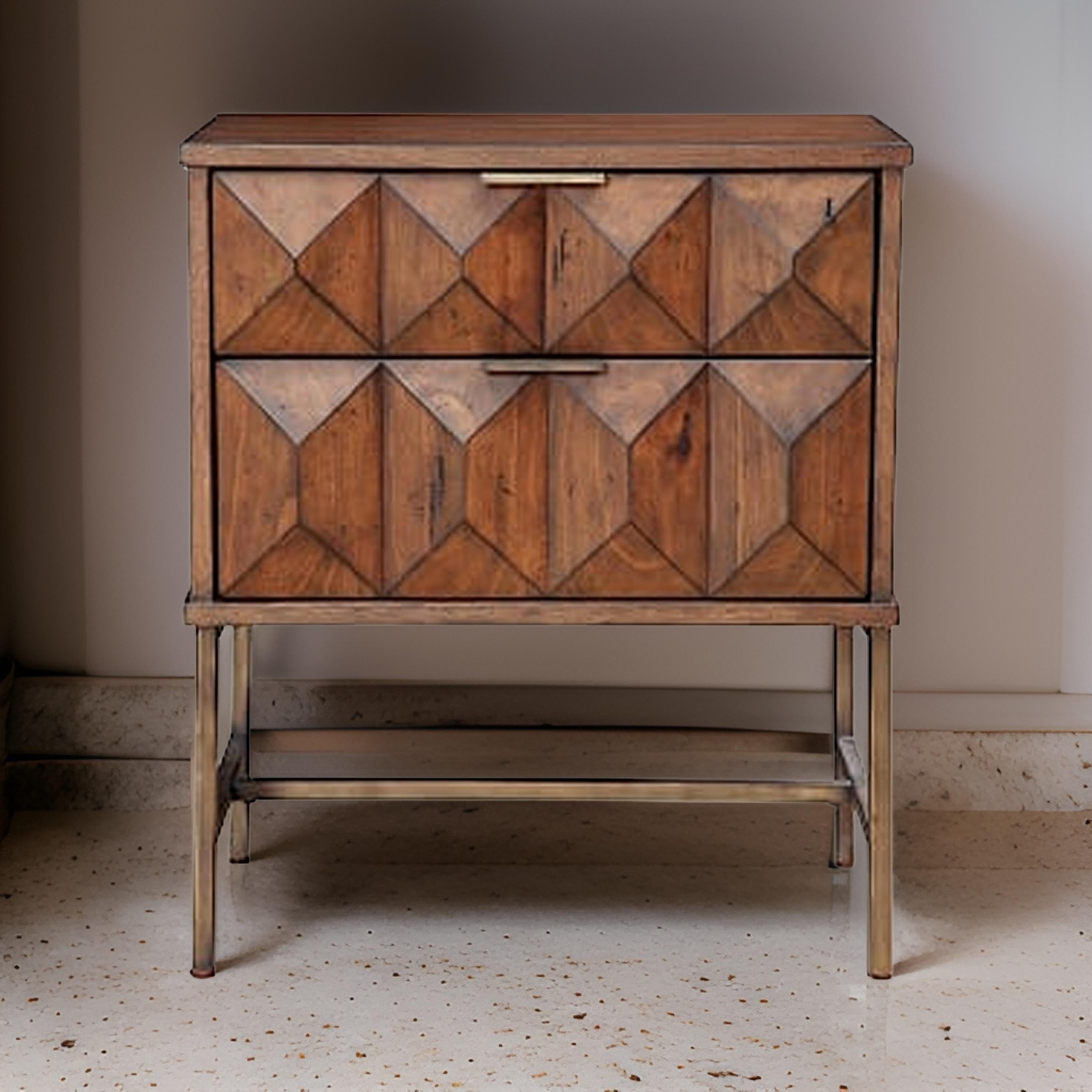 Benjara 2 Drawer Nightstand with Honeycomb Design And Metal Legs, Brown
