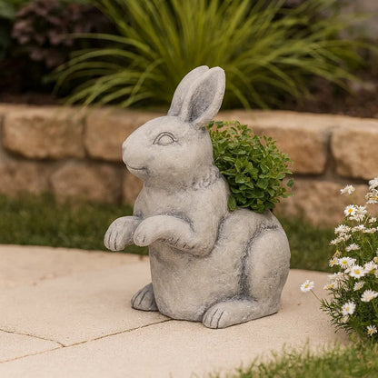 Benjara Antique Styled Raw Textured Polyresin Standing Rabbit Planter, Gray