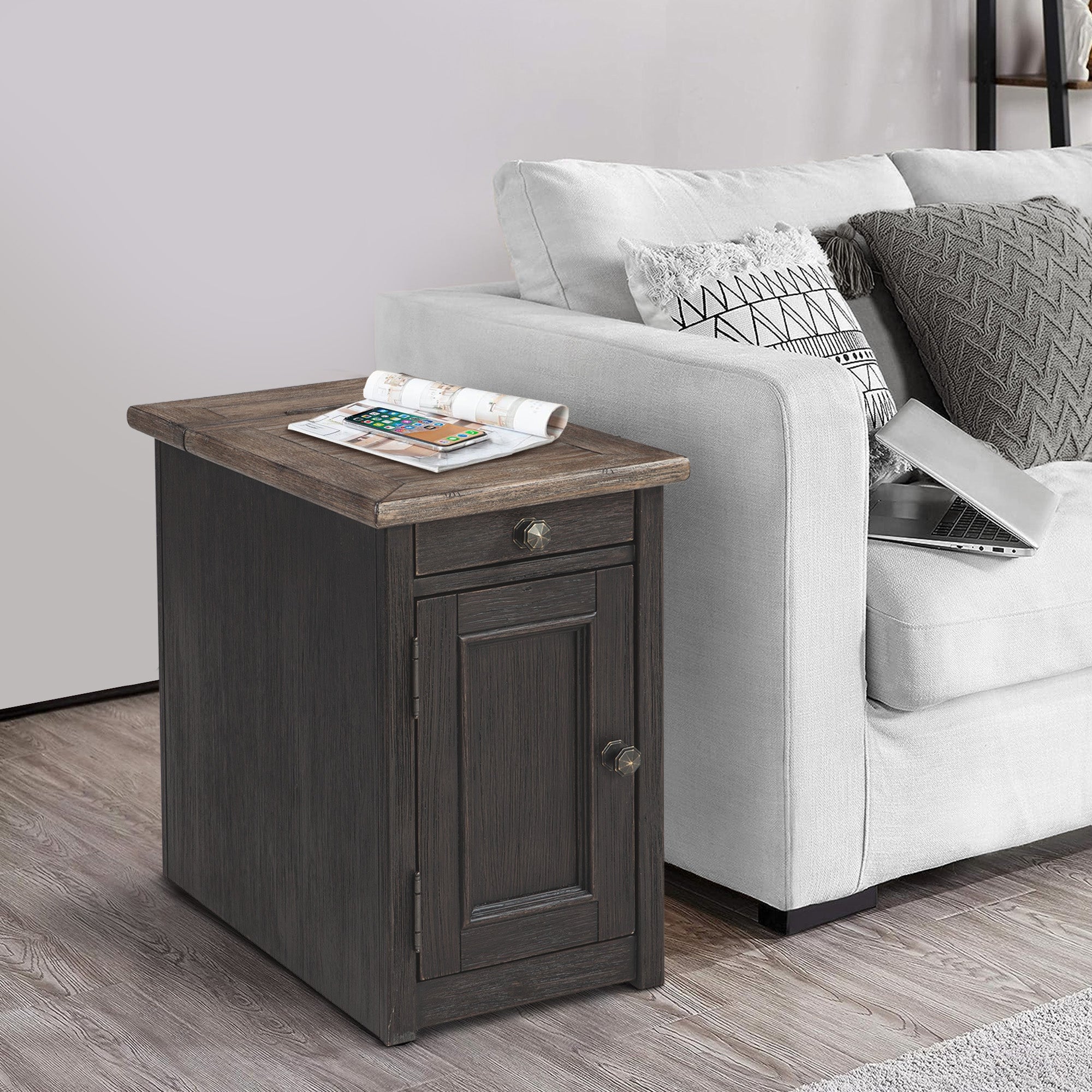 Benjara Wooden End Table with 2 USB Charging Ports, Brown