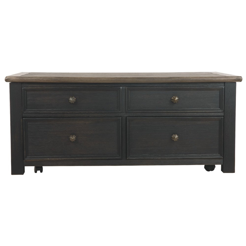 Benjara Wooden Lift Top Coffee Table with Drawers And Caster, Black And Brown