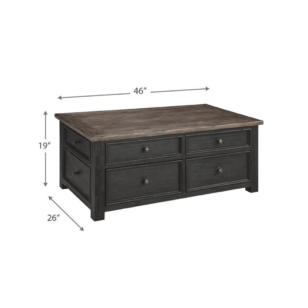 Benjara Wooden Lift Top Coffee Table with Drawers And Caster, Black And Brown