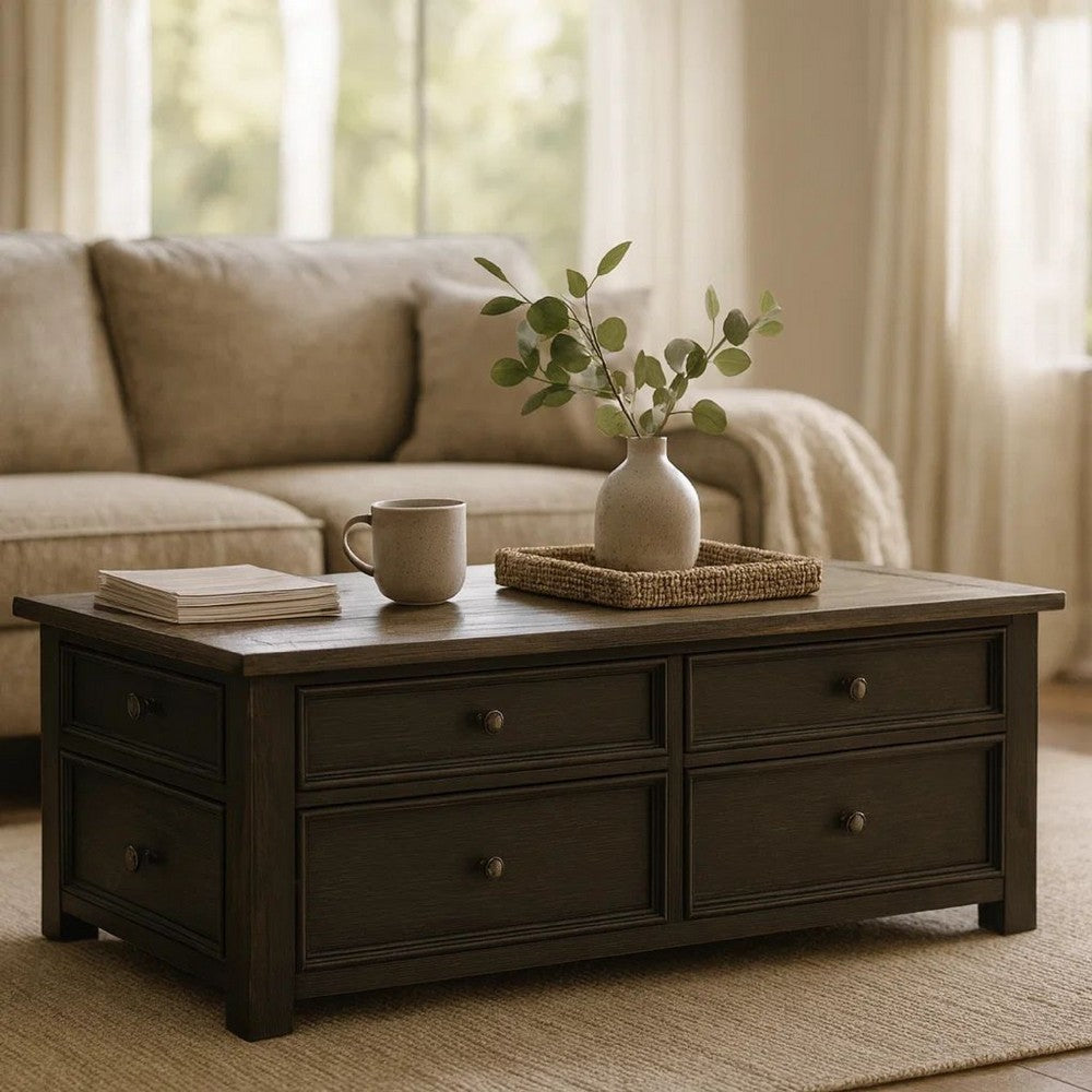 Benjara Wooden Lift Top Coffee Table with Drawers And Caster, Black And Brown