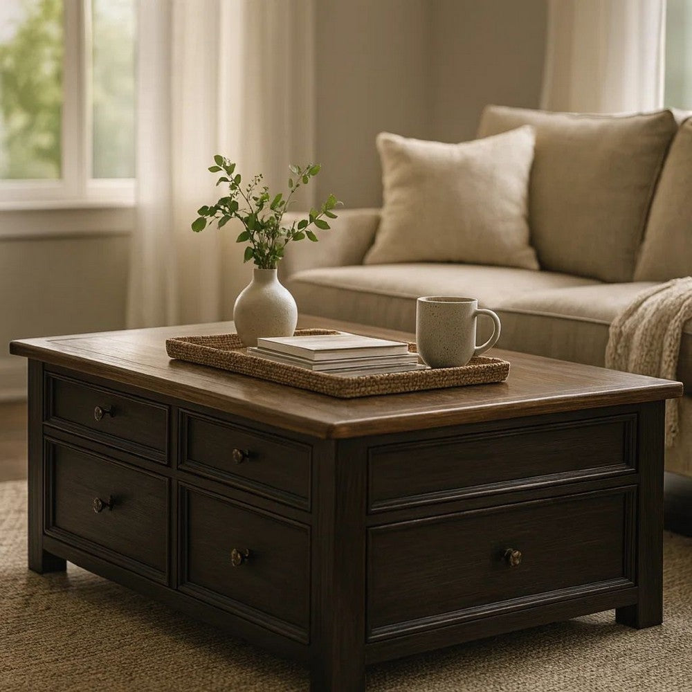 Benjara Wooden Lift Top Coffee Table with Drawers And Caster, Black And Brown