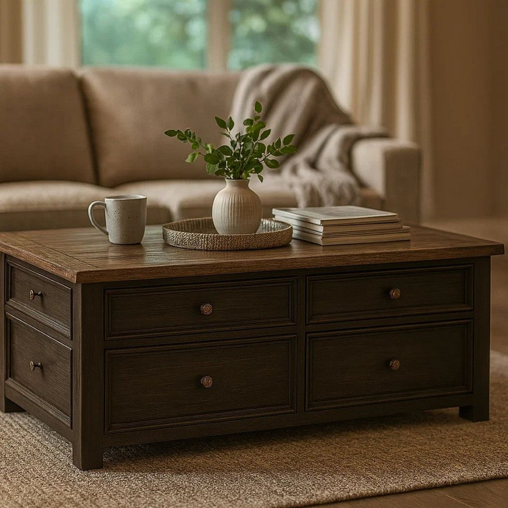 Benjara Wooden Lift Top Coffee Table with Drawers And Caster, Black And Brown
