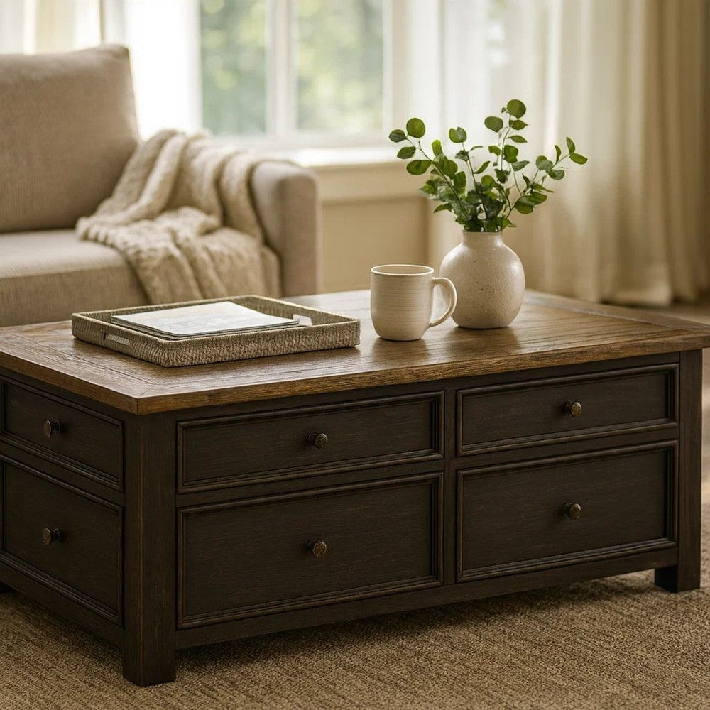 Benjara Wooden Lift Top Coffee Table with Drawers And Caster, Black And Brown