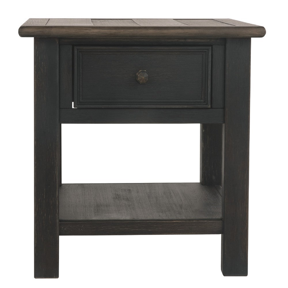 Benjara Wooden End Table with One Drawer And One Shelf, Brown And Black