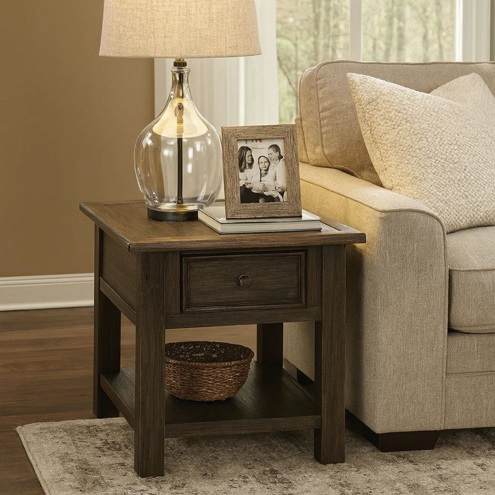 Benjara Wooden End Table with One Drawer And One Shelf, Brown And Black