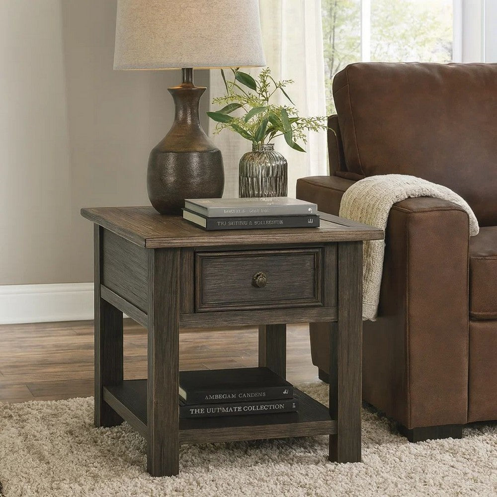 Benjara Wooden End Table with One Drawer And One Shelf, Brown And Black