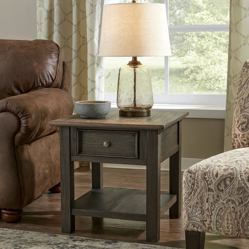 Benjara Wooden End Table with One Drawer And One Shelf, Brown And Black