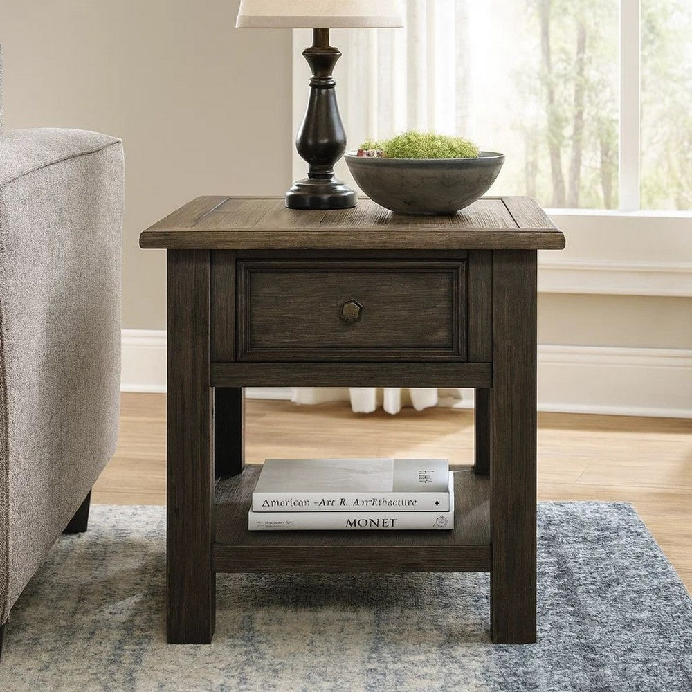Benjara Wooden End Table with One Drawer And One Shelf, Brown And Black