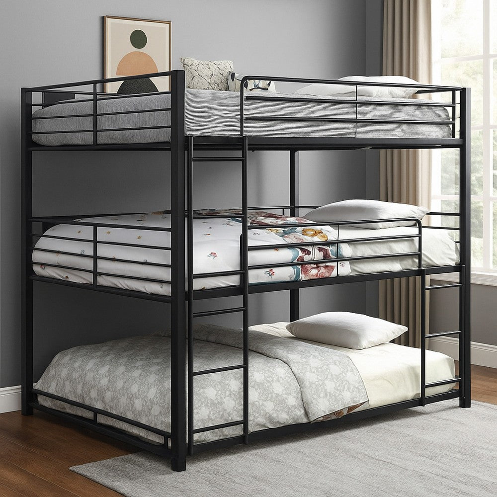 Benjara Industrial Style Queen Triple Decker Bunk Bed with Ladder, Black