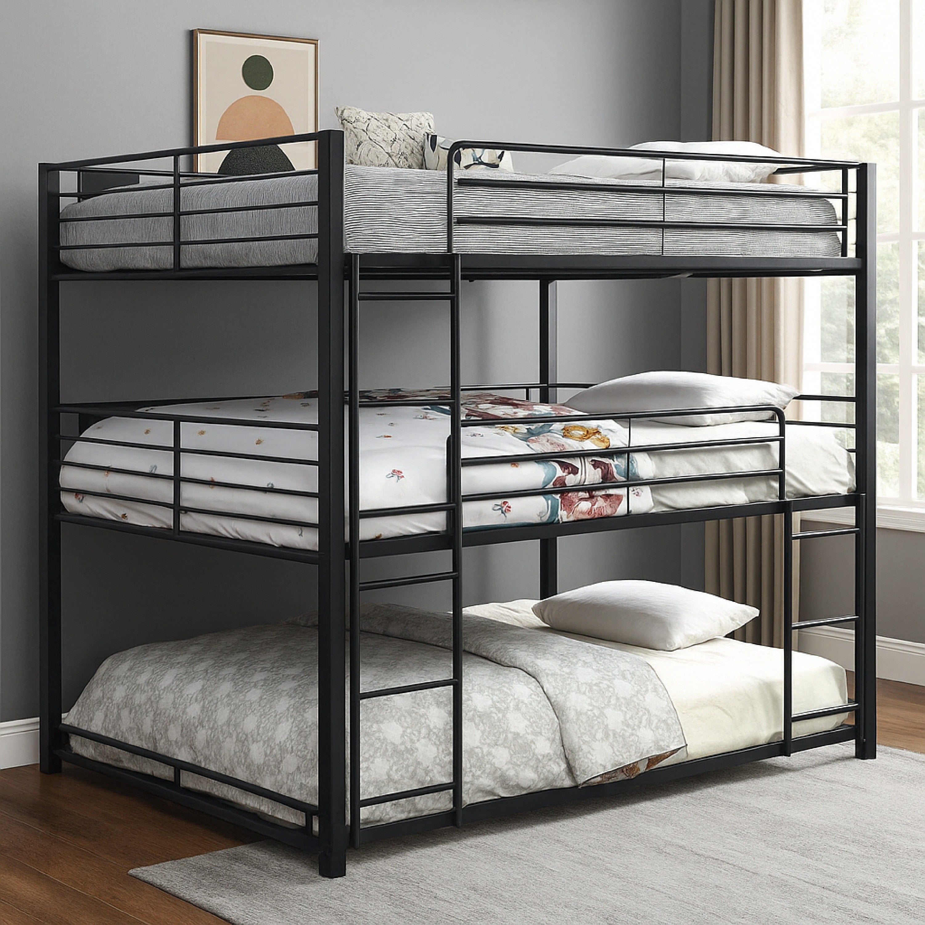 Benjara Industrial Style Queen Triple Decker Bunk Bed with Ladder, Black