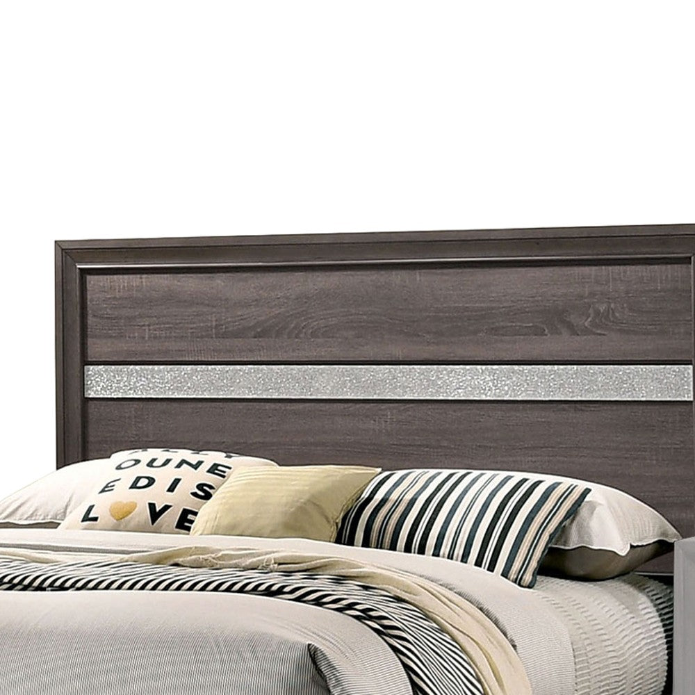Benjara Queen Bed with Plank Headboard And 2 Drawers, Brown And Silver