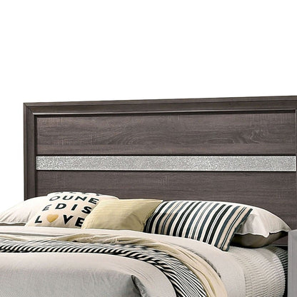 Benjara Queen Bed with Plank Headboard And 2 Drawers, Brown And Silver