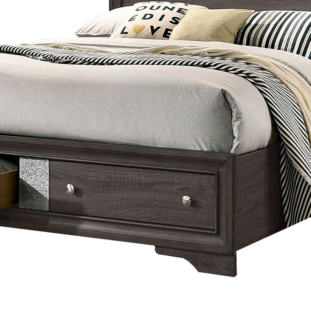 Benjara Queen Bed with Plank Headboard And 2 Drawers, Brown And Silver