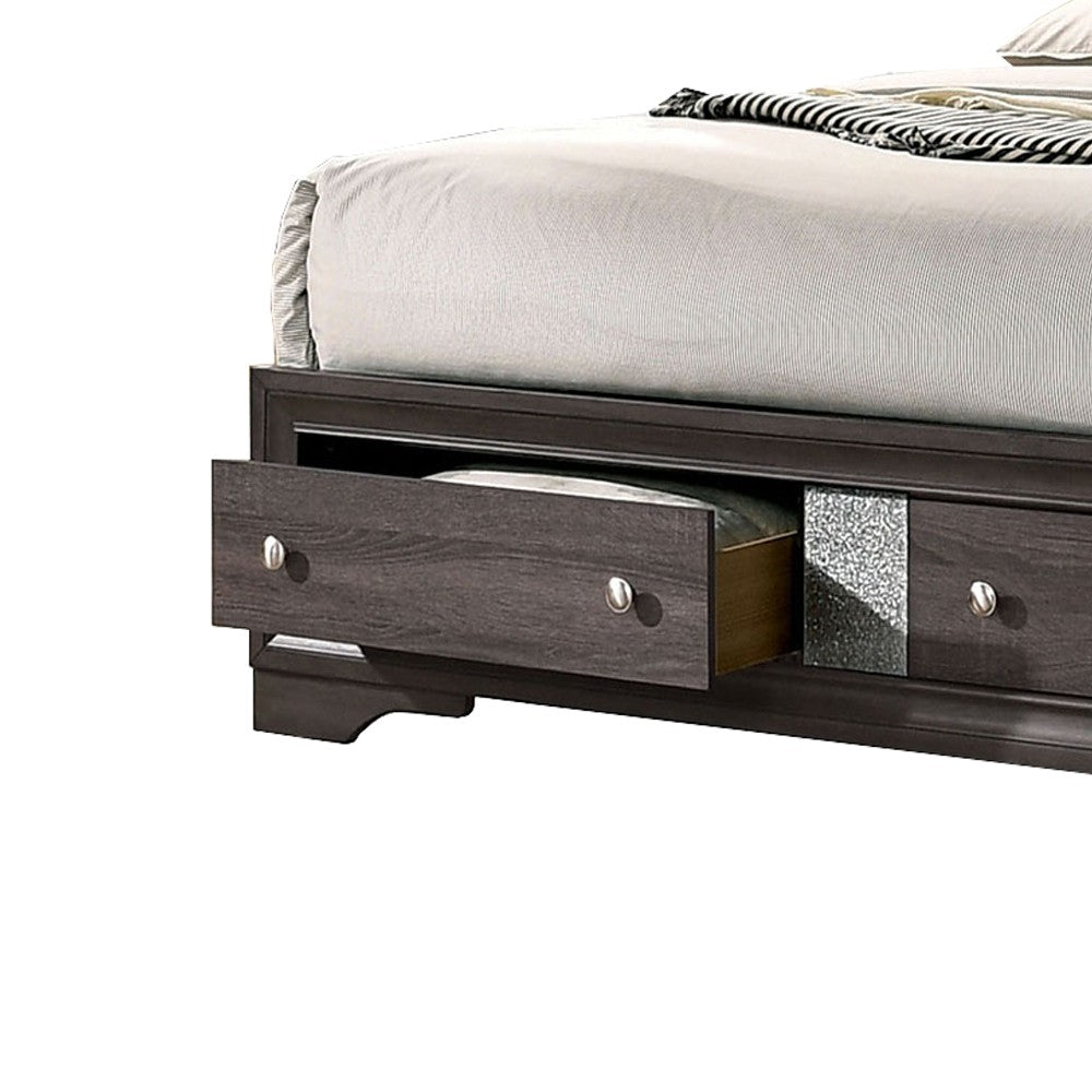 Benjara Queen Bed with Plank Headboard And 2 Drawers, Brown And Silver