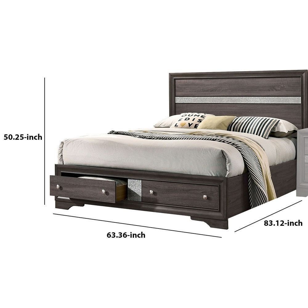 Benjara Queen Bed with Plank Headboard And 2 Drawers, Brown And Silver