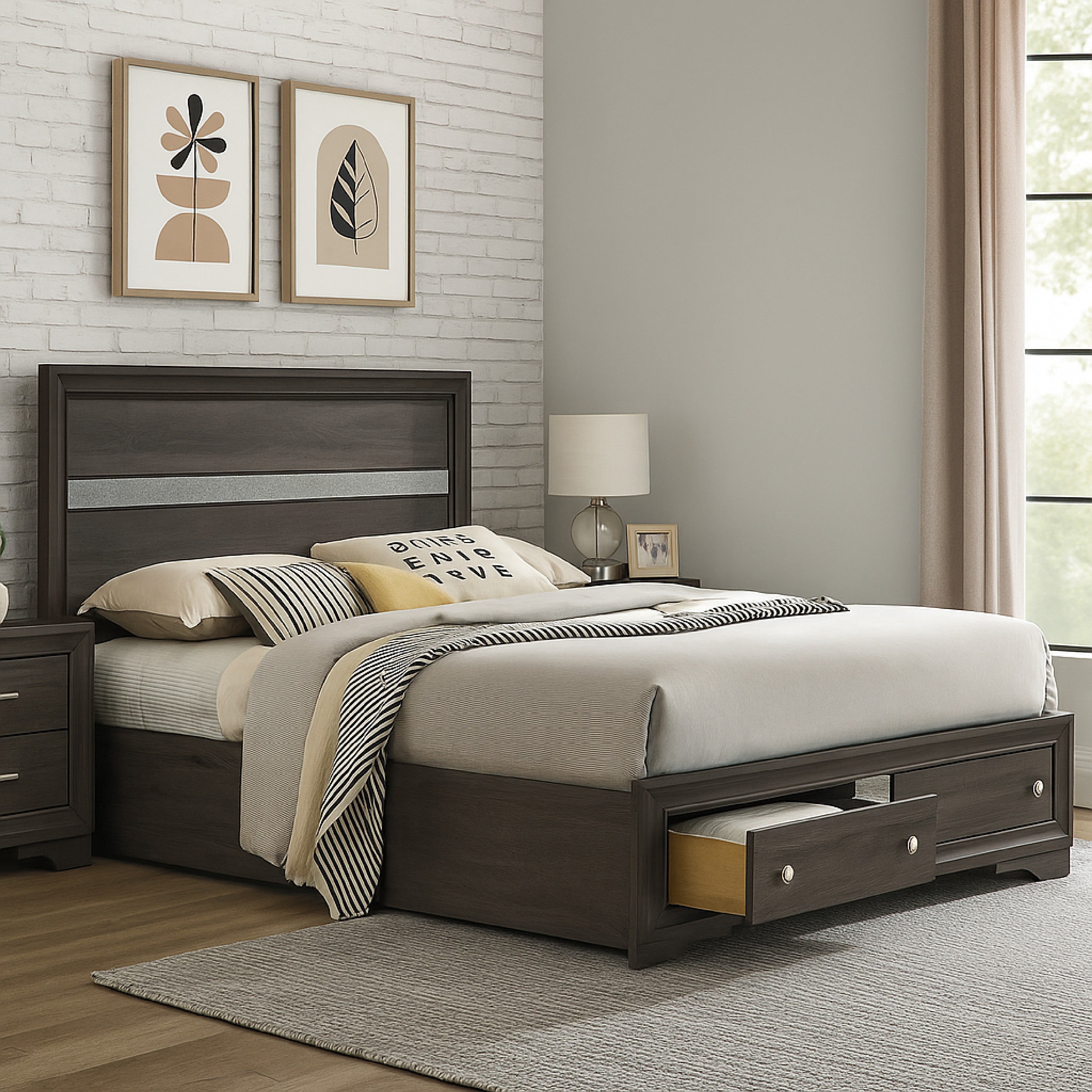 Benjara Queen Bed with Plank Headboard And 2 Drawers, Brown And Silver