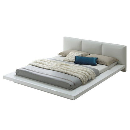 Benjara Wooden Queen Size Low Profile Bed with Padded Headboard, White