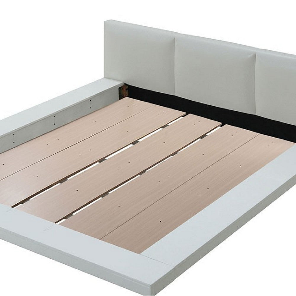 Benjara Wooden Queen Size Low Profile Bed with Padded Headboard, White