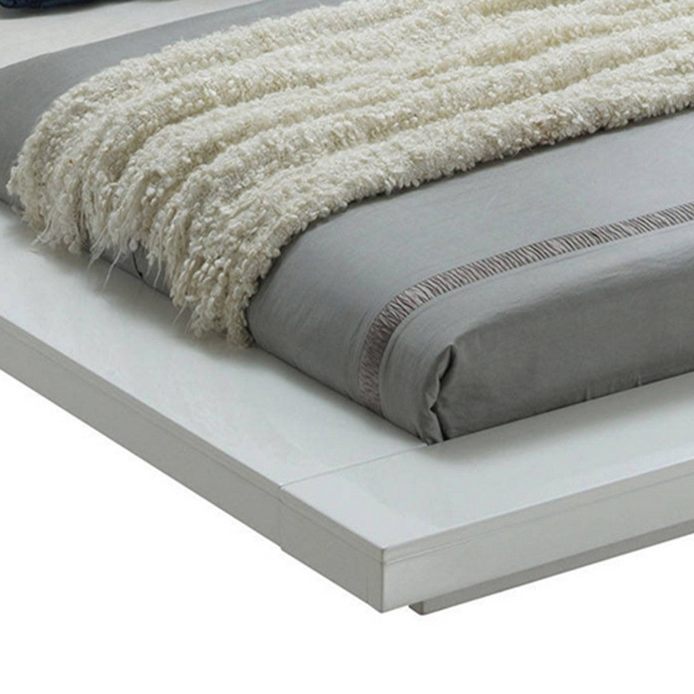Benjara Wooden Queen Size Low Profile Bed with Padded Headboard, White
