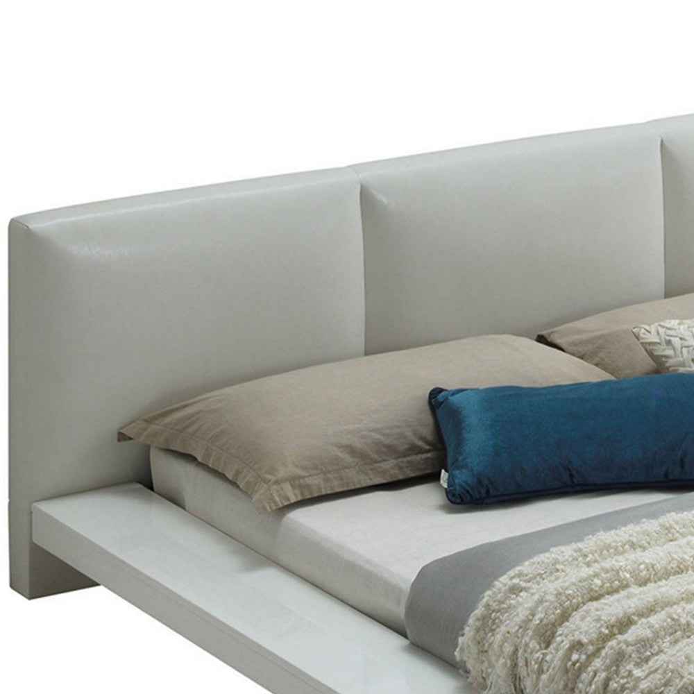 Benjara Wooden Queen Size Low Profile Bed with Padded Headboard, White