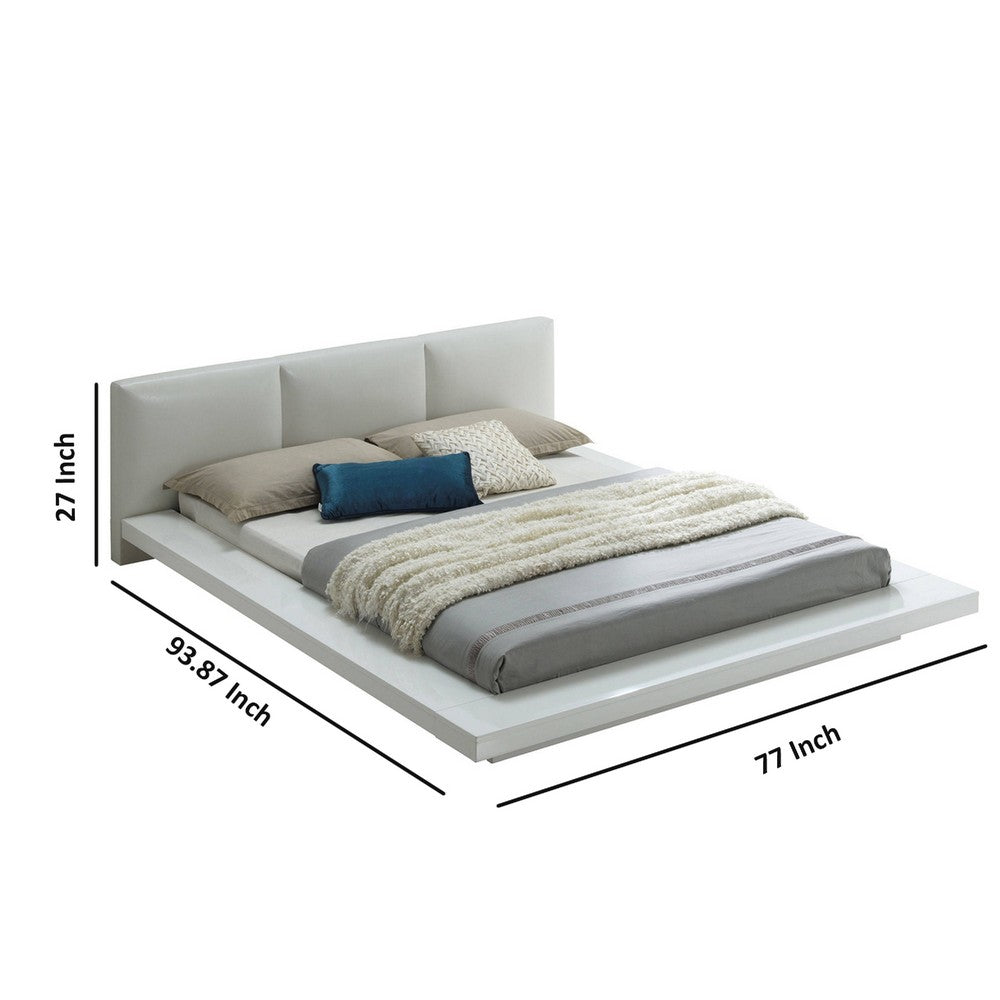Benjara Wooden Queen Size Low Profile Bed with Padded Headboard, White
